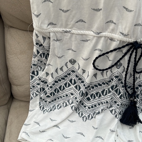 Swimsuit coverup romper with elastic waist and black tassel tie. - Picture 3 of 5